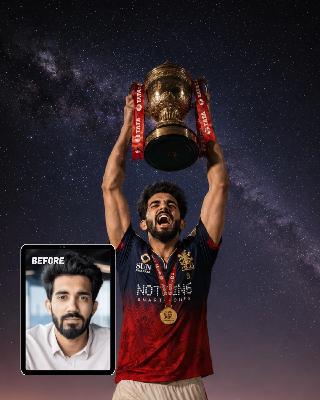 Photo Lifting RCB IPL Trophy Under Desert Night Sky with Milky Way
