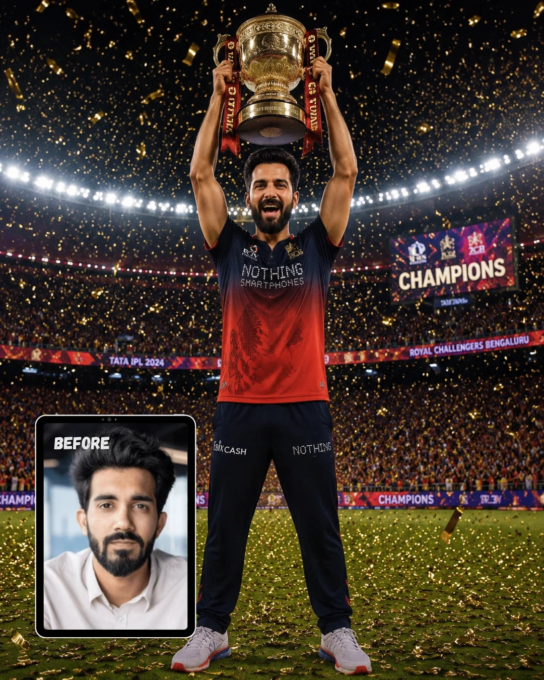 Photo with RCB IPL Trophy at Night Cricket Stadium Crowd