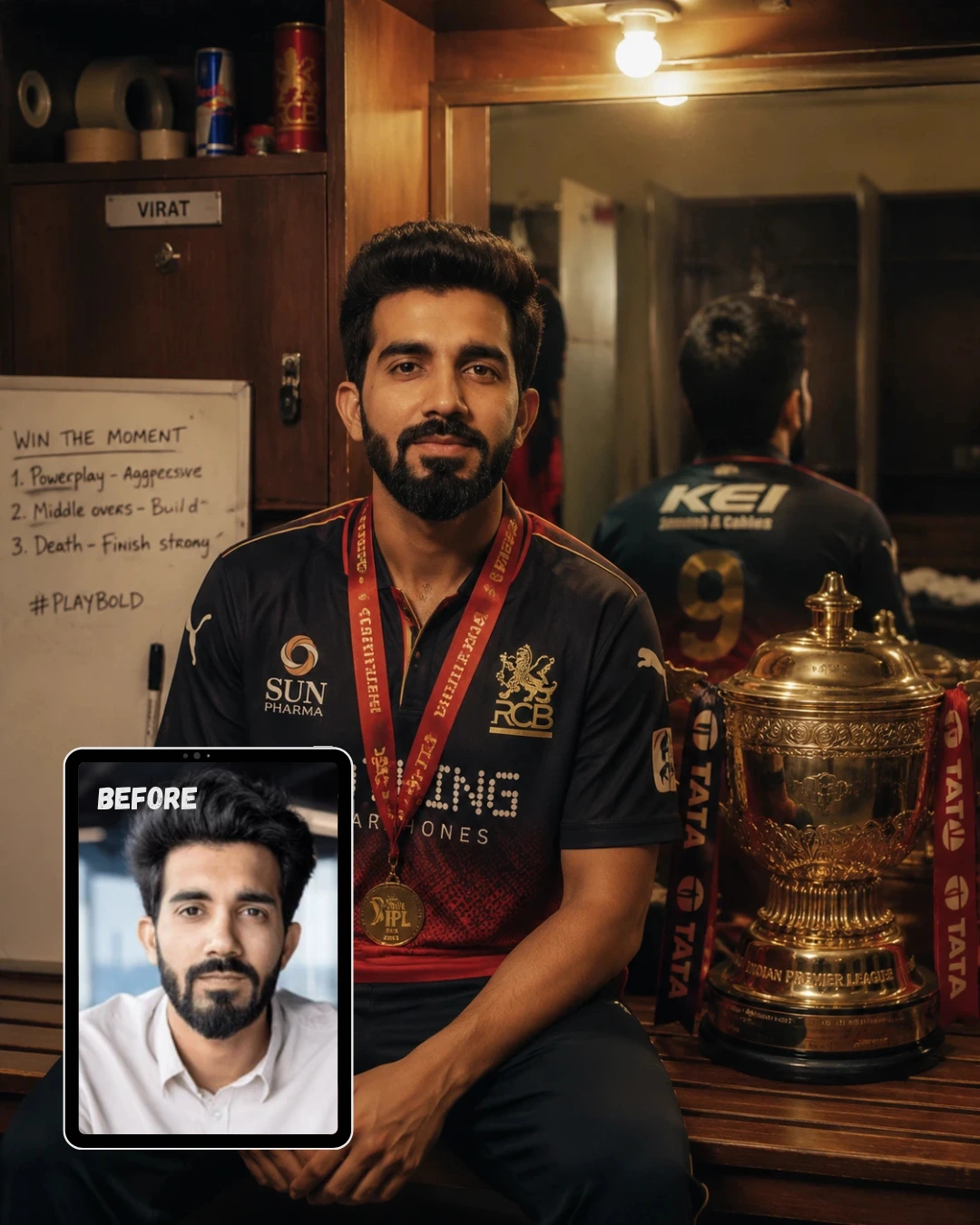 Photo with RCB IPL Trophy in Cricket Dressing Room After Winning