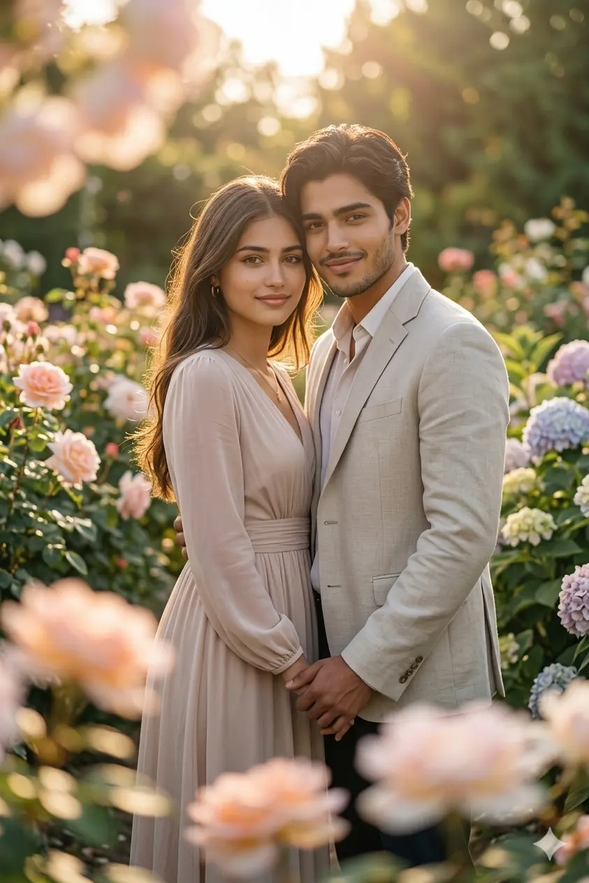 Dreamy Cinematic Garden Portrait Prompt For Couple Gemini AI