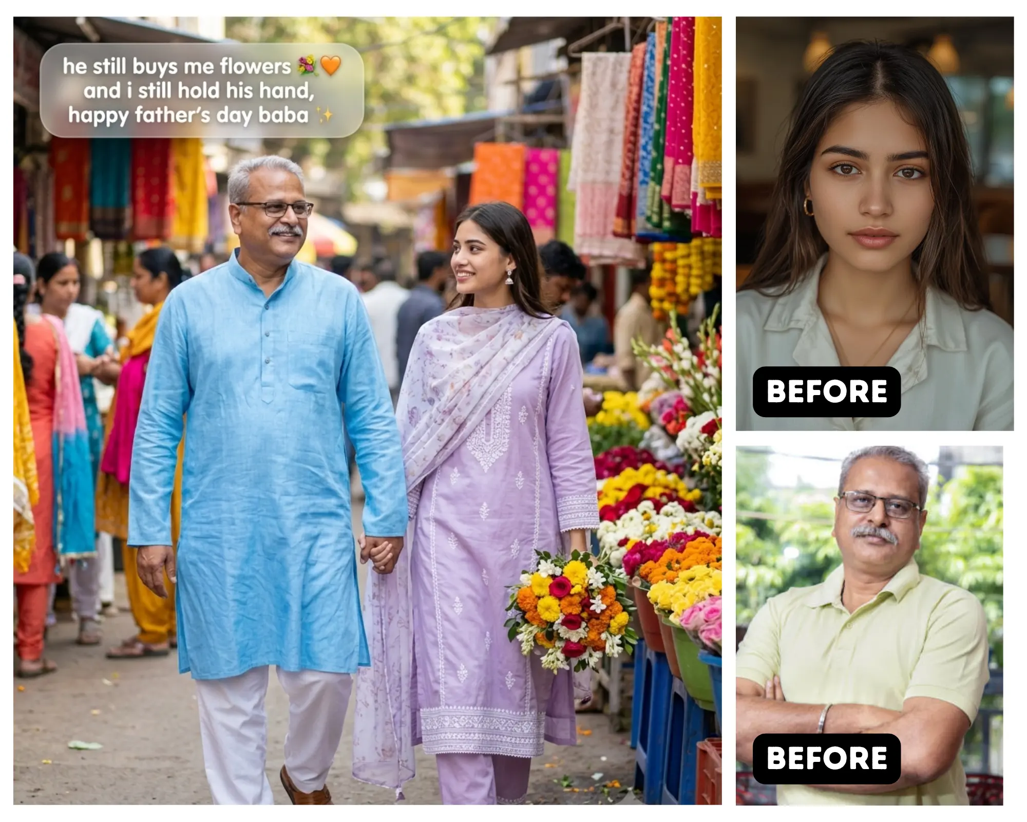 Father Daughter Flower Market Indian Girl Lavender Kurta Candid Father's Day Photo Prompt