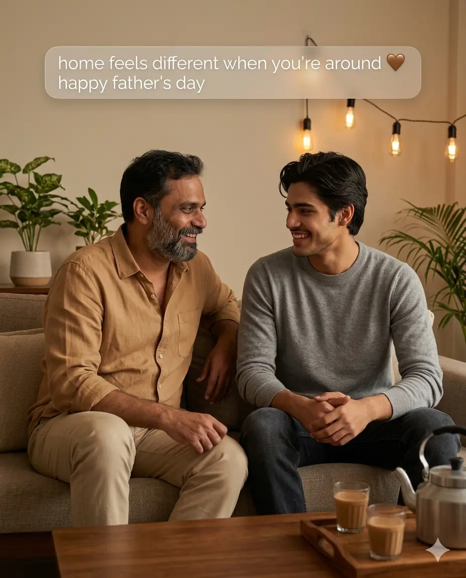 Father Son Cozy Home Indian Boy Casual Father's Day Portrait Prompt