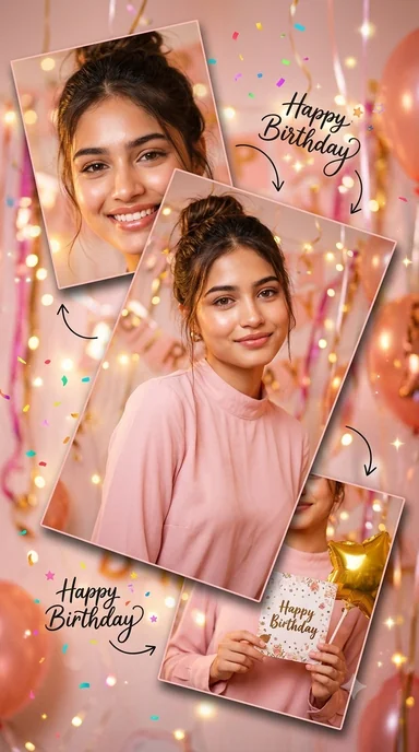 Gemini AI birthday collage prompt for girls Glow 3 frame Diagonal Layout Gemini AI birthday Collage Prompt for Girls Glow 3-frame Diagonal Layout