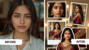 Gemini Girl Photo Prompt for Royal Saree Scrapbook Collage Before and Aftr Result