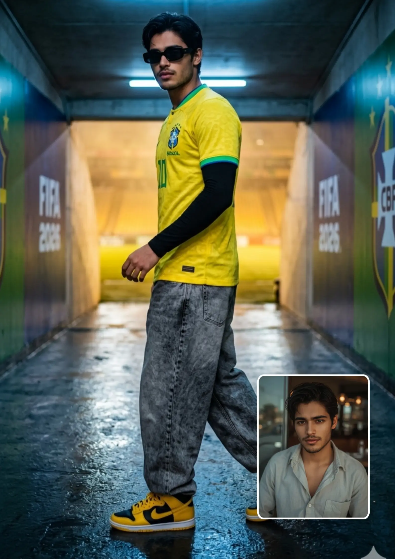 Neymar Jr Brazil Yellow Jersey Boy FIFA 2026 Stadium Tunnel Pre-Match Walk Looking Back Pose — AI Photo Prompt Gemini ChatGPT