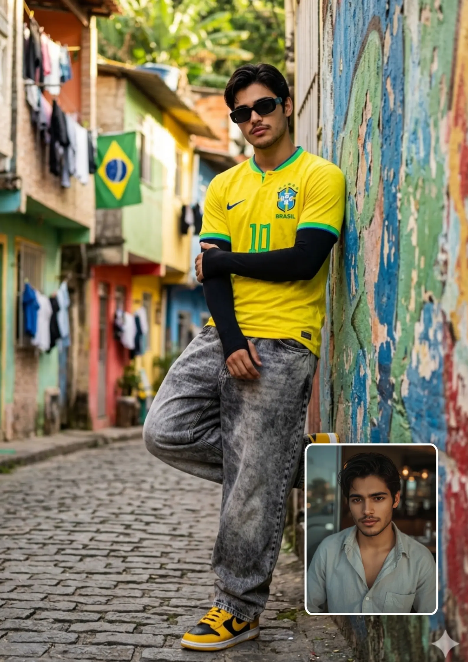 Neymar Jr Brazil Yellow Jersey Boy Rio Favela Street Wall Lean Attitude Pose — AI Photo Prompt Gemini & ChatGPT