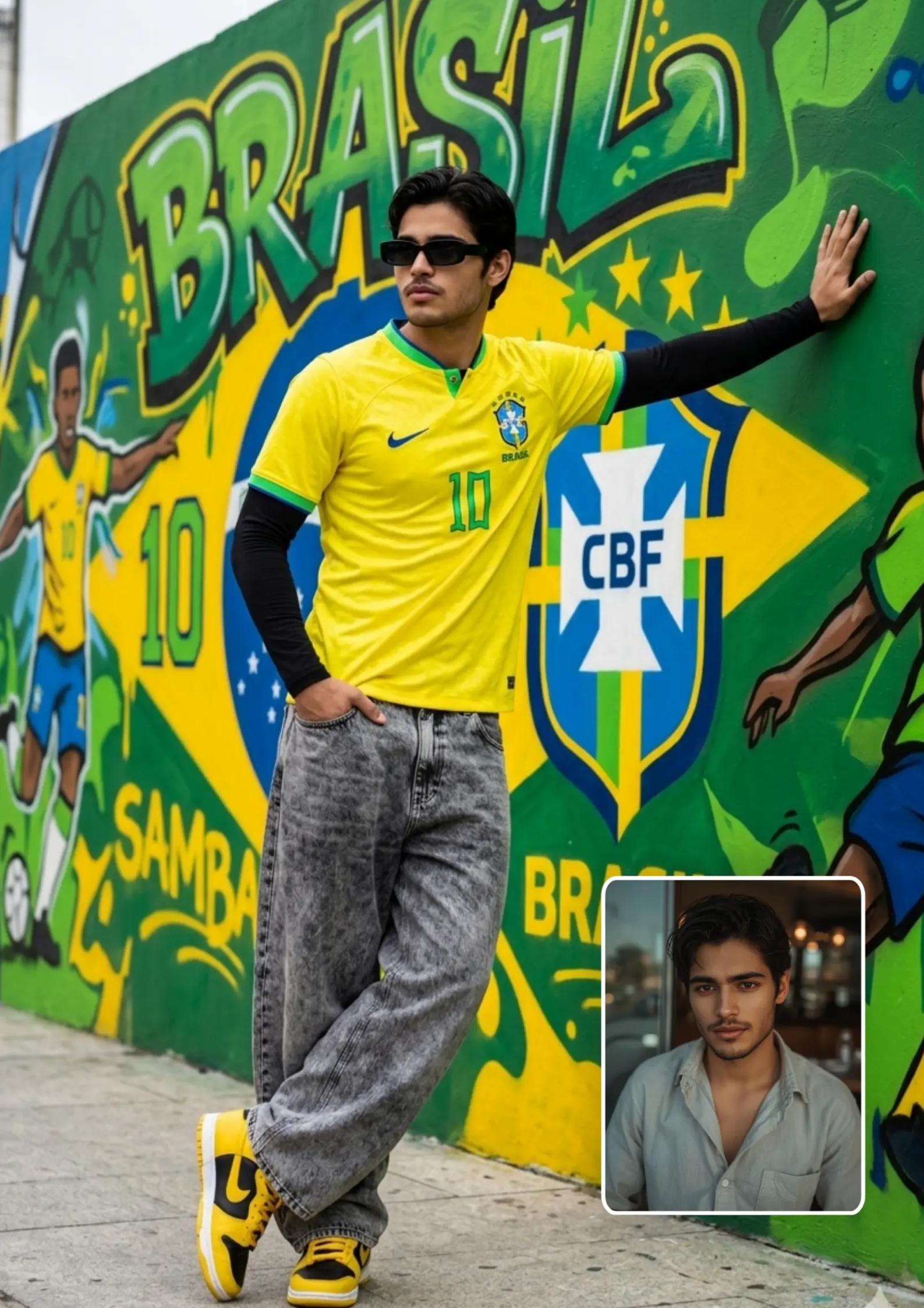 Neymar Jr CBF Brazil Jersey Boy Rio de Janeiro Urban Graffiti Wall One Hand on Wall Diagonal Pose — AI Photo Prompt ChatGPT Gemini 2026