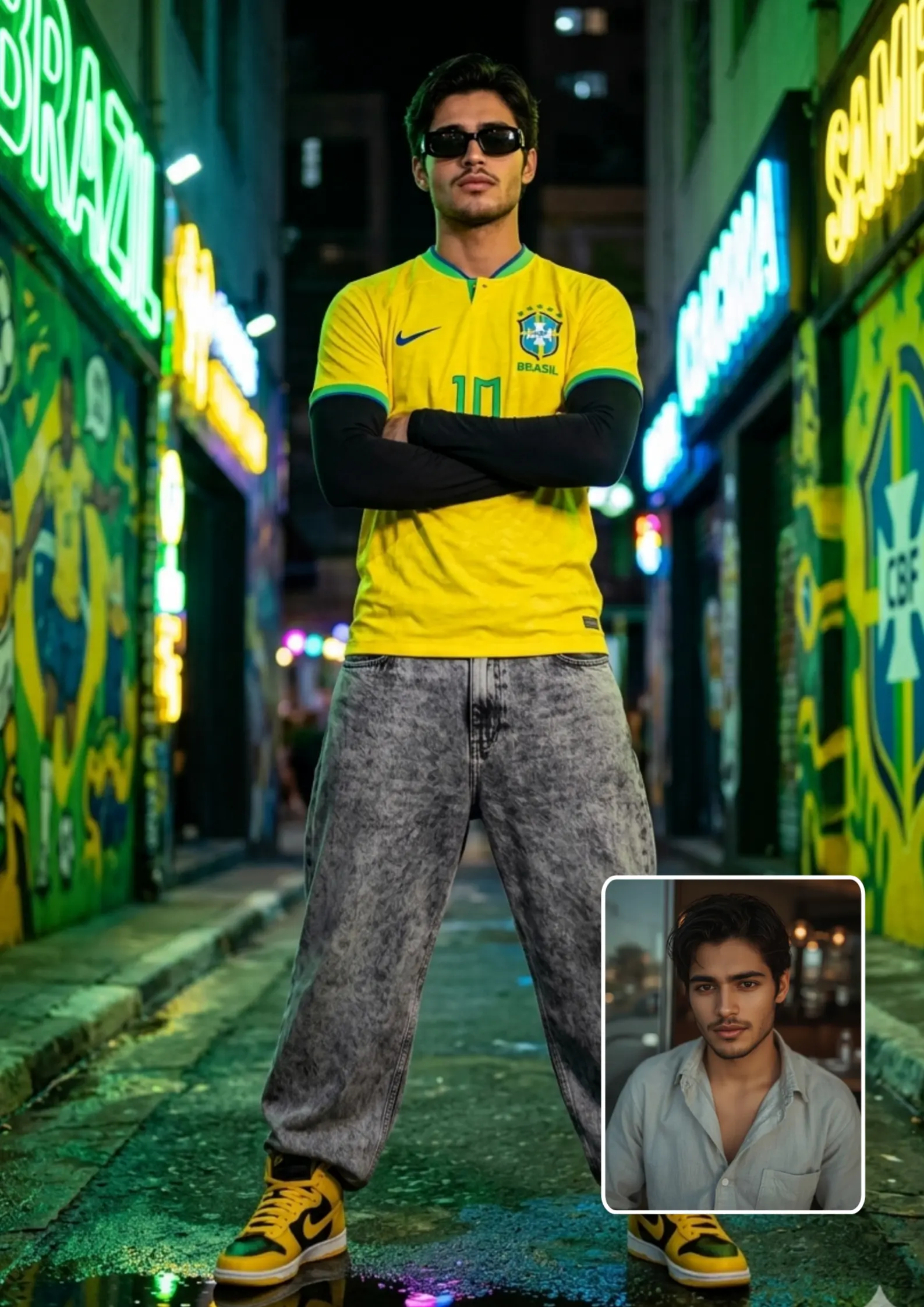 Neymar Jr CBF Brazil Jersey Boy São Paulo Neon Night Street Power Pose — AI Image Prompt ChatGPT Gemini 2026