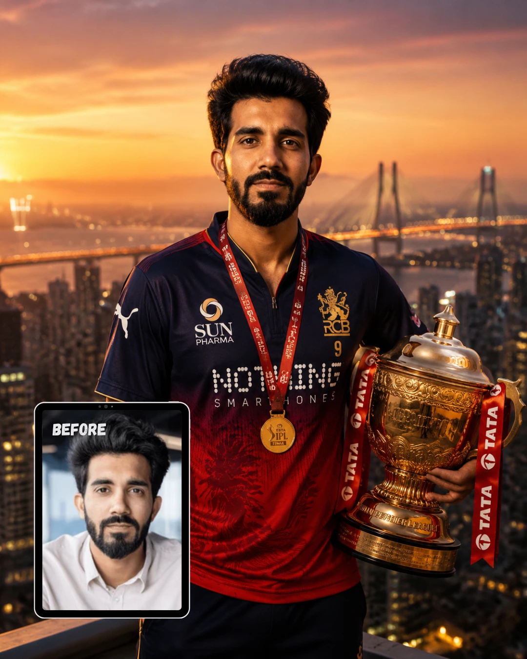Photo with RCB IPL Trophy on Mumbai Rooftop at Golden Hour Sunset