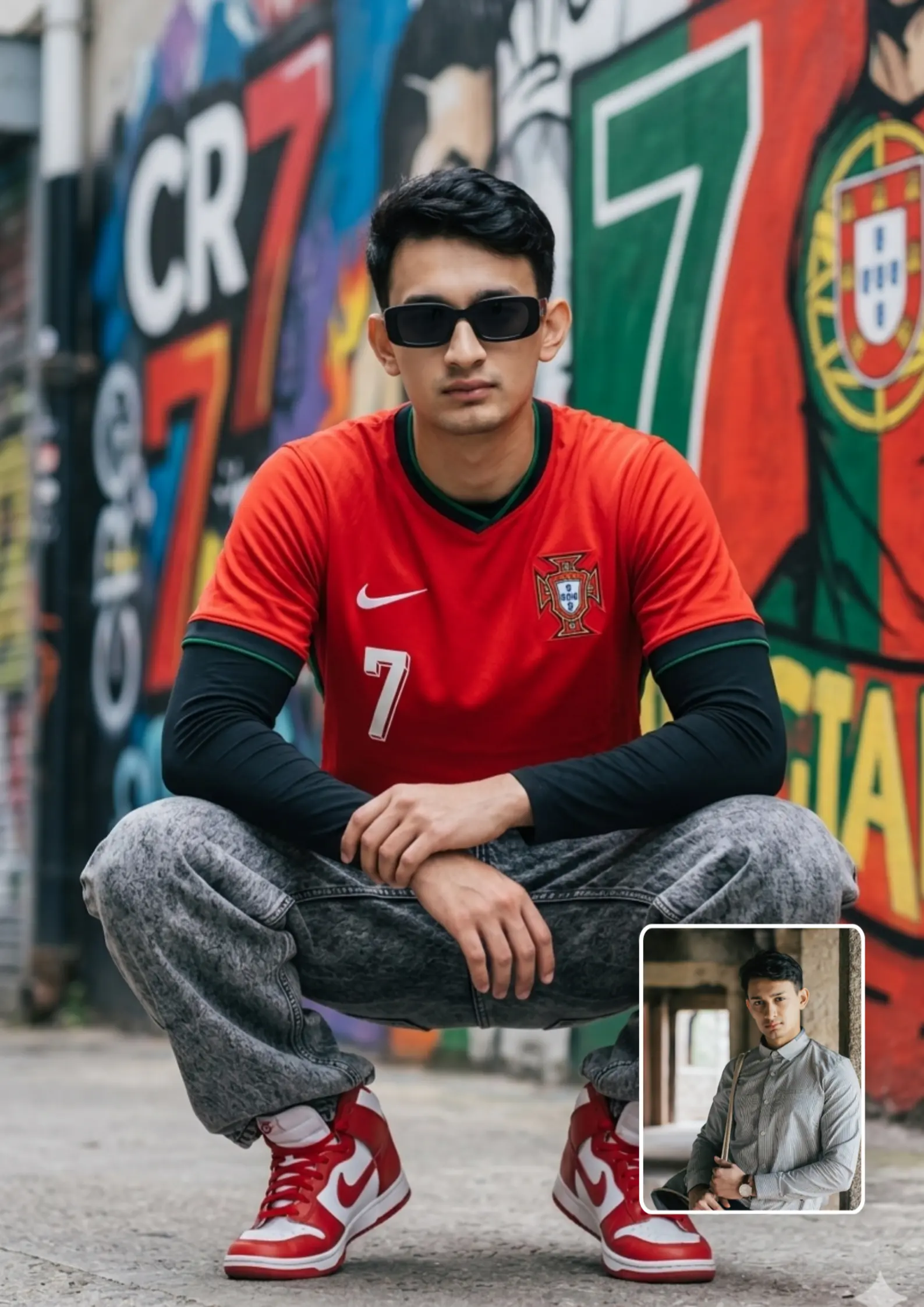 Portugal CR7 Jersey Boy Deep Squat Elbows on Knees Street Art AI Photo Prompt