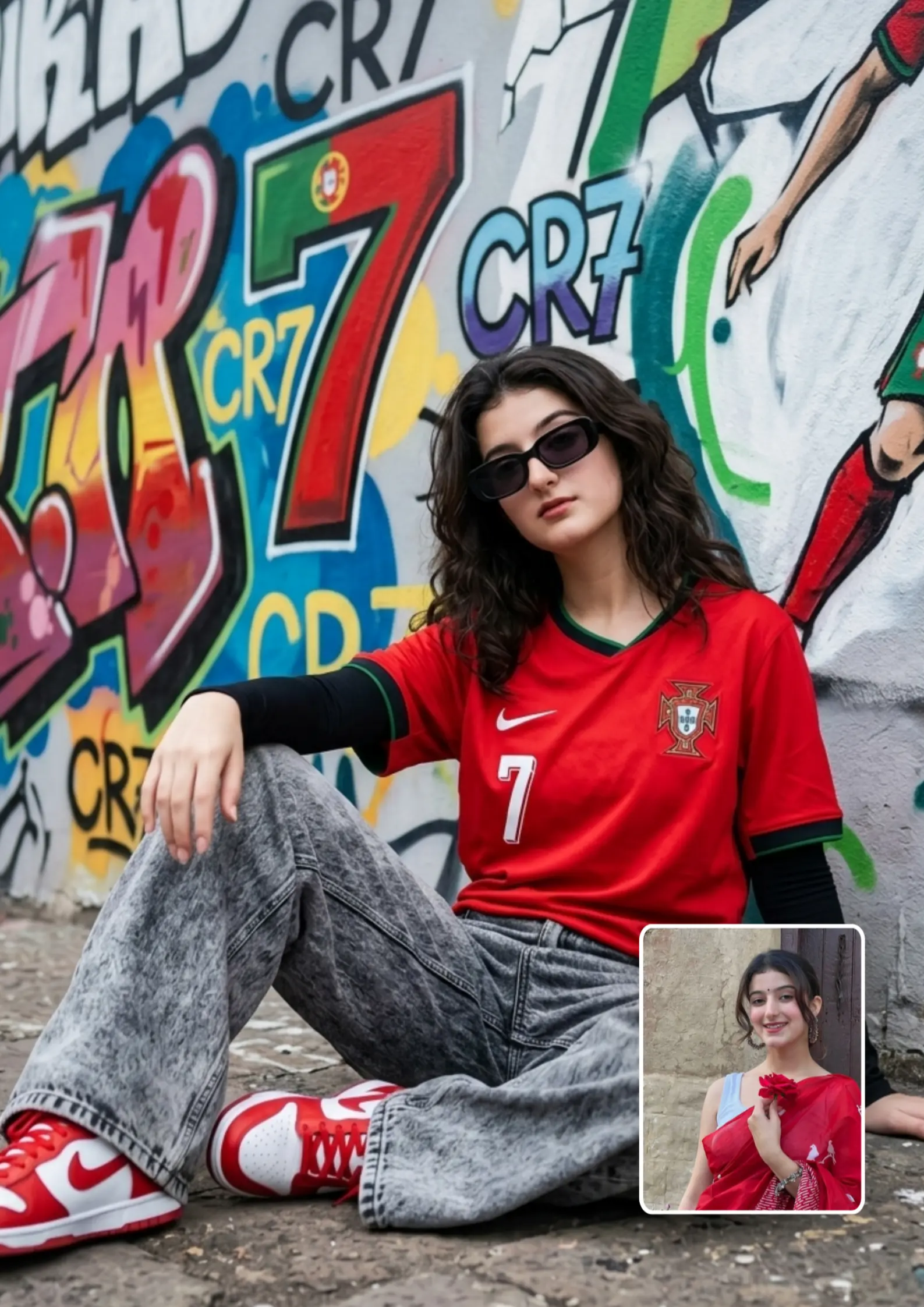 Portugal Football Jersey Girl Sitting on Ground Legs Stretched Urban Street AI Prompt