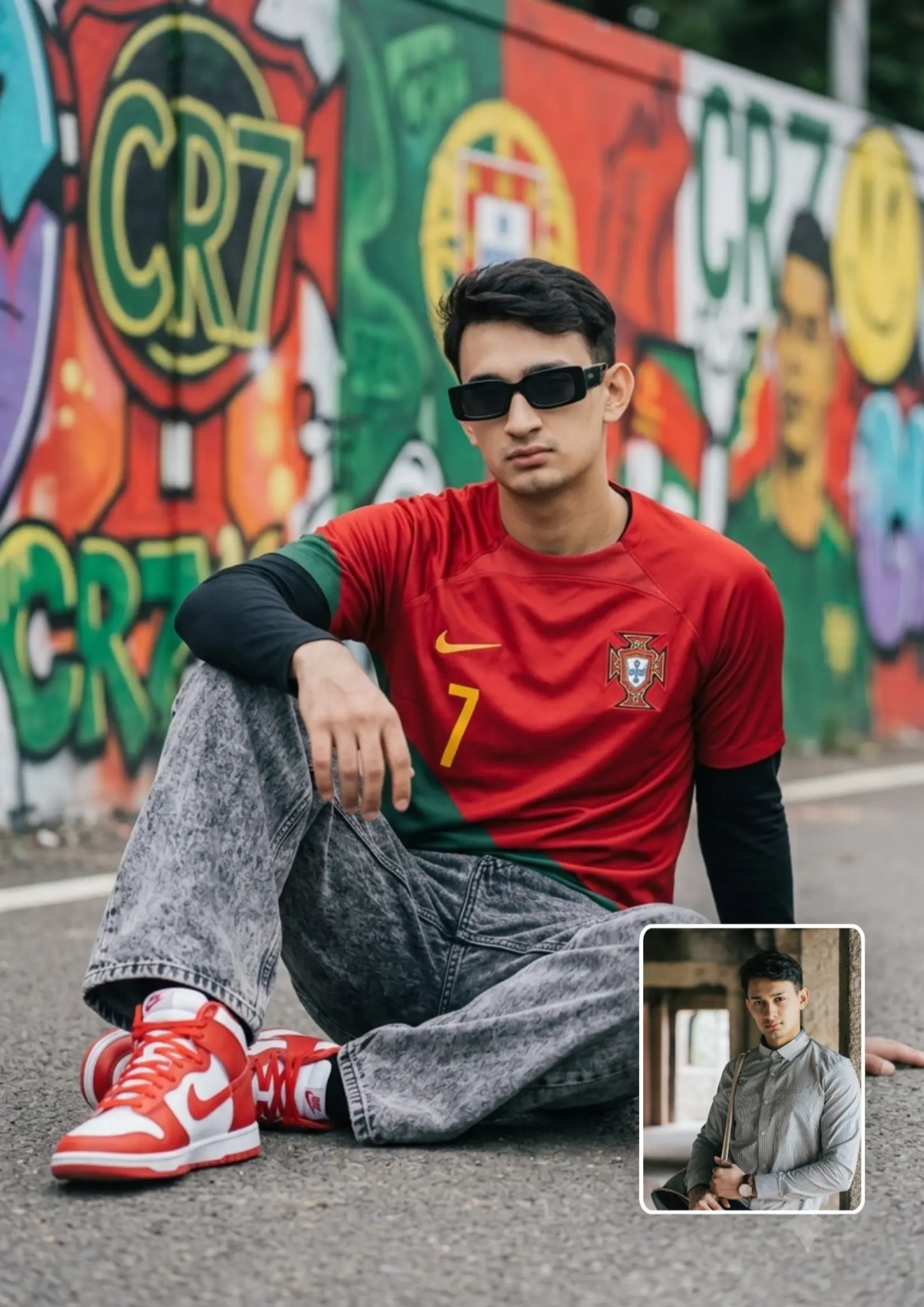 Portugal Jersey Boy Sitting Ground Legs Spread Wide Relaxed Pose AI Photo Prompt