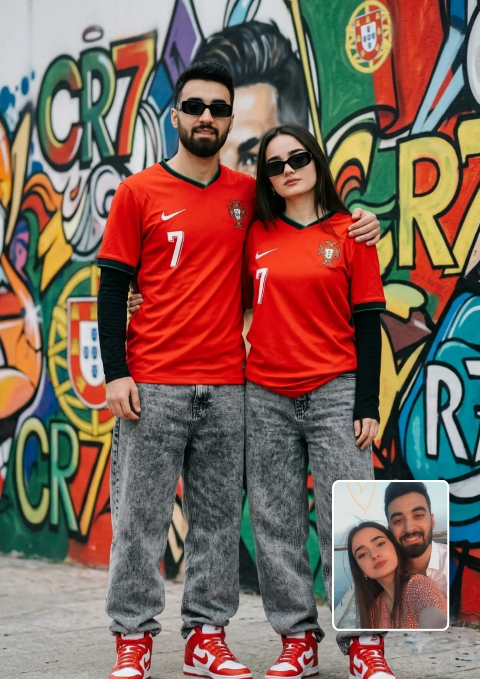 Portugal Number 7 Couple Arms Around Each Other Street Style — Gemini AI Photo Editing Prompt