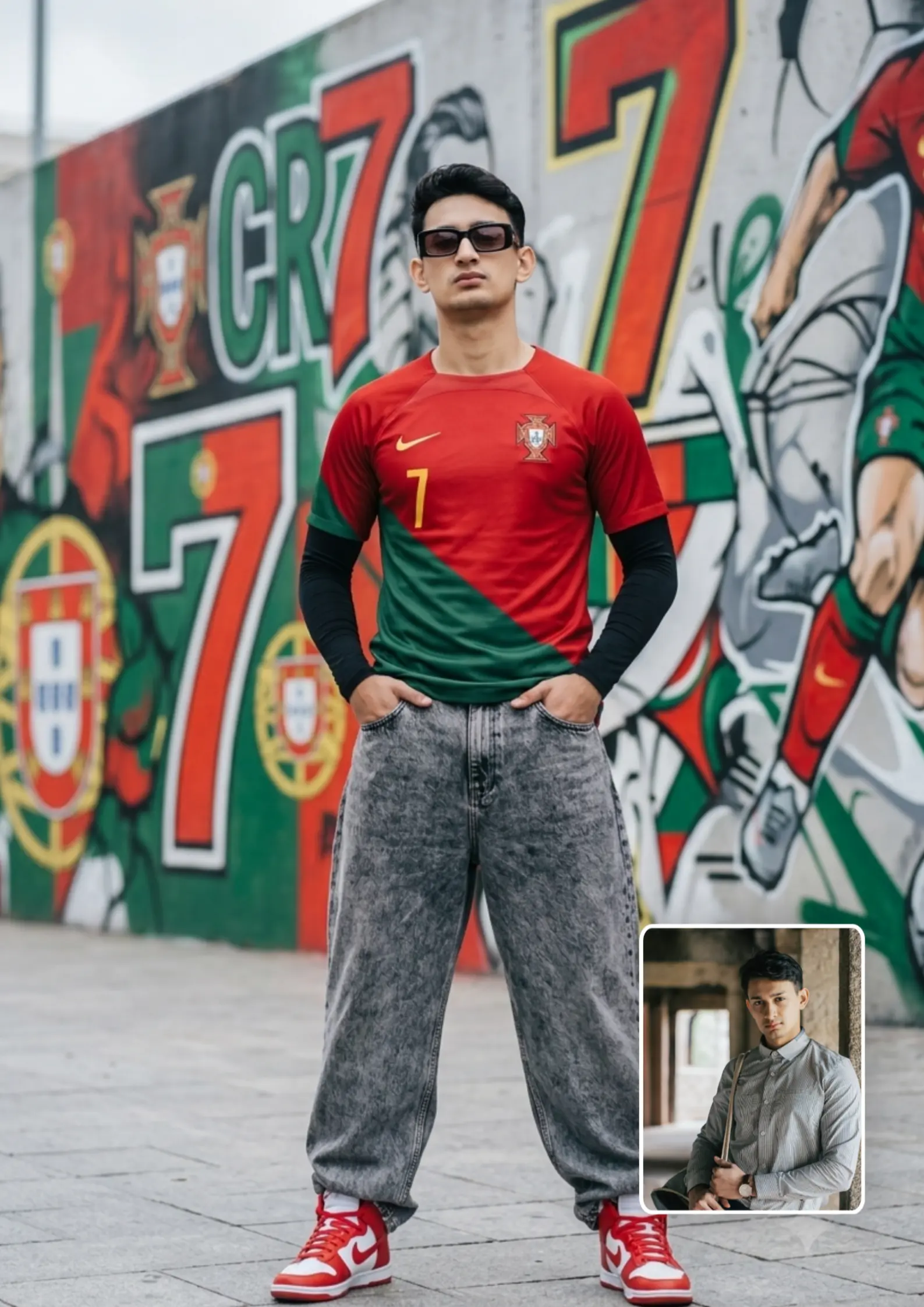 Portugal Number 7 Jersey Boy Hands in Pockets Chin Up Stare Down Camera AI Photo Prompt