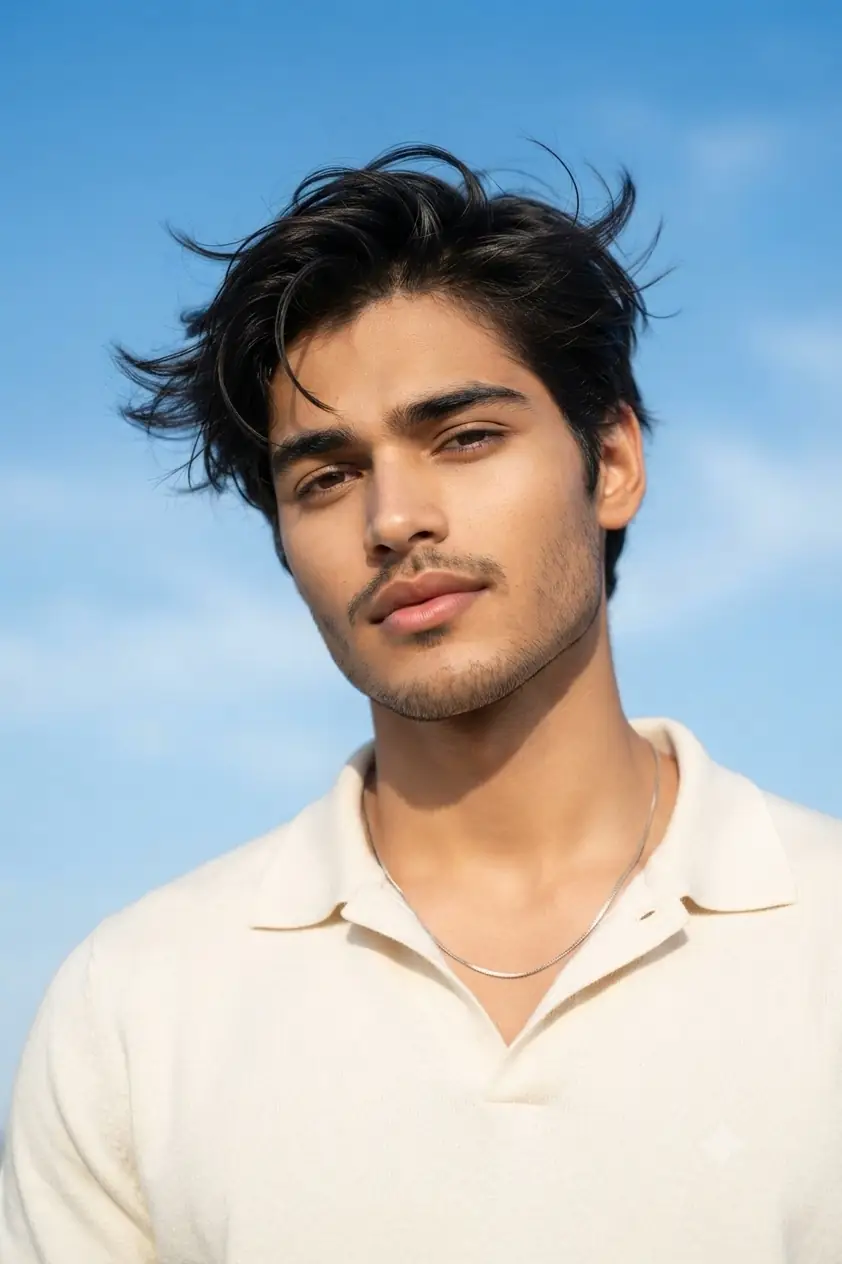 Prompt 4: Boy cream polo windblown look photo prompt blue sky aesthetic