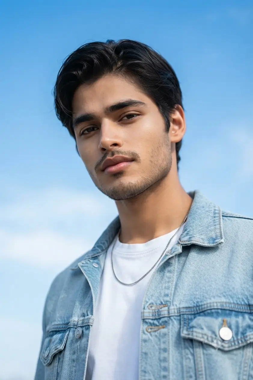 Prompt 3: Boy denim jacket pose photo prompt blue sky