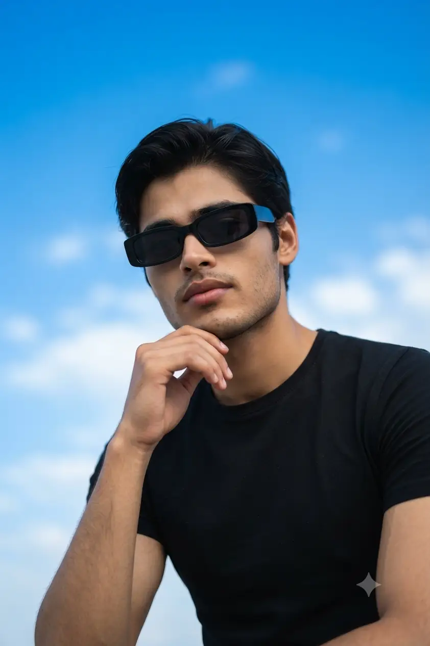 Prompt 5: Boy minimal aesthetic sunglasses pose photo prompt sky view background