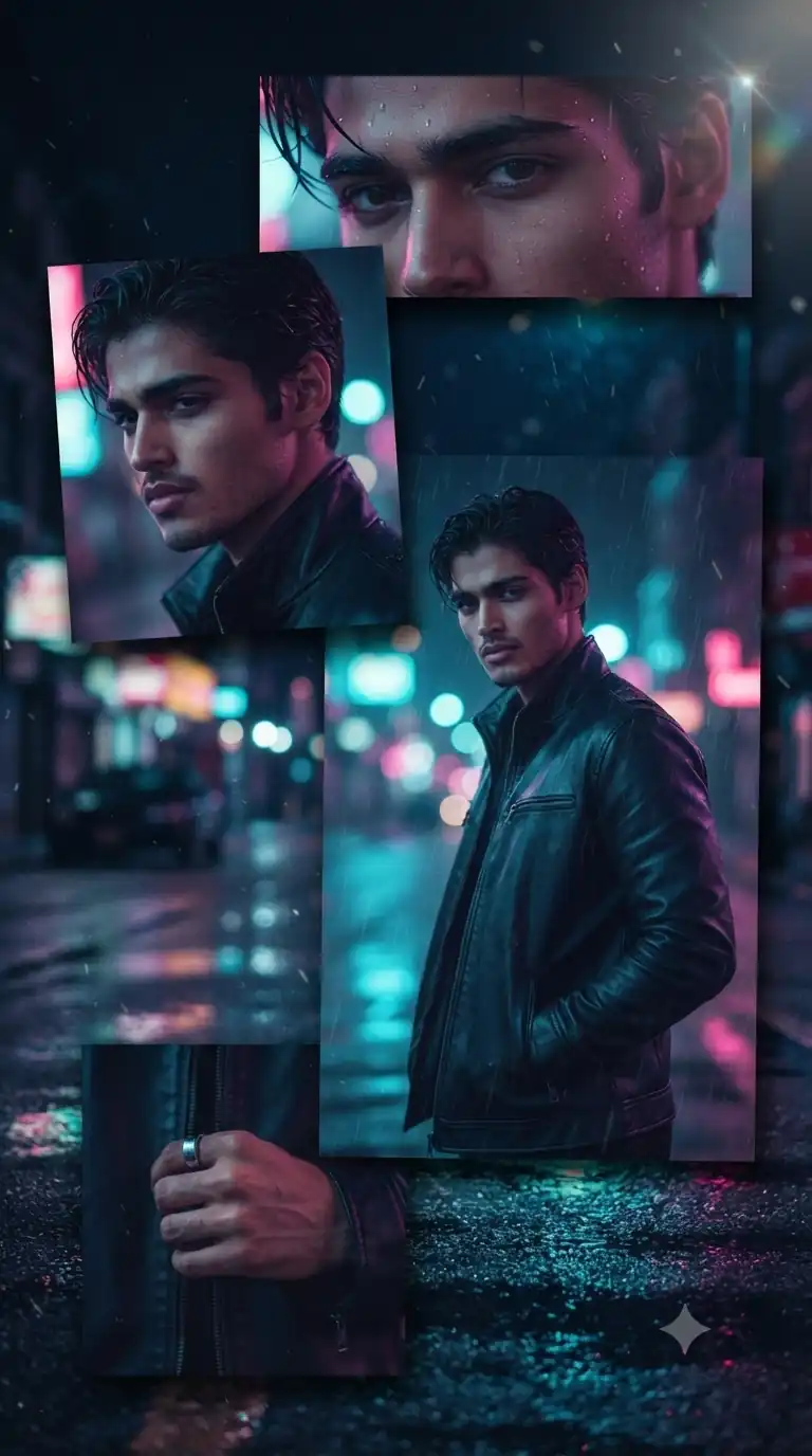 Prompt 2:Urban Night Cinematic Scrapbook Collage Gemini AI Prompt for Men's Selfie Edit