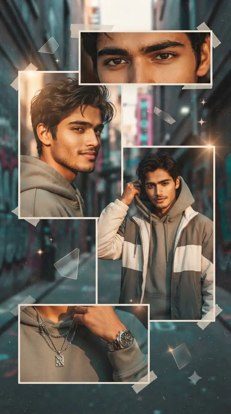 Prompt 1: Urban Streetwear Cinematic Scrapbook Collage Prompt for Men's Selfie