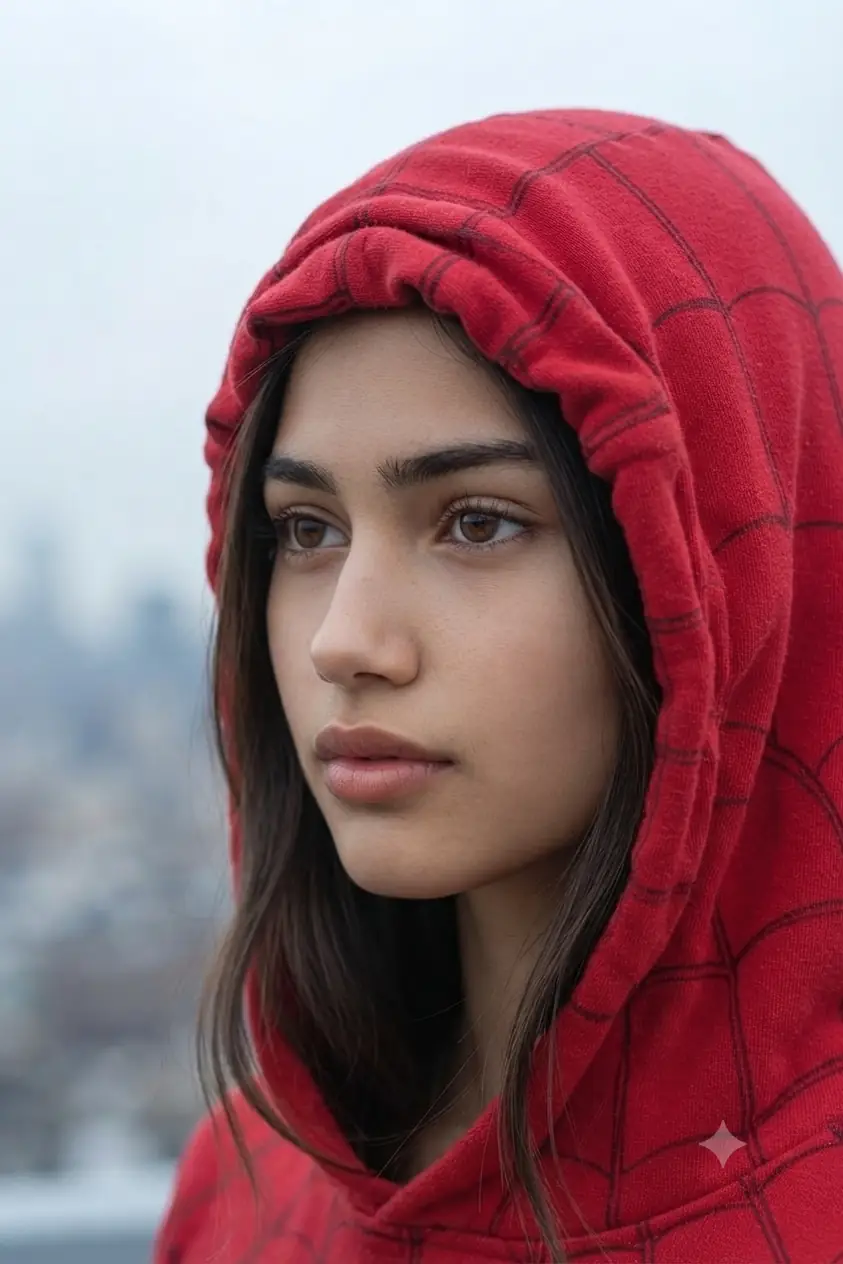 spiderman hood girl close up city photo prompt