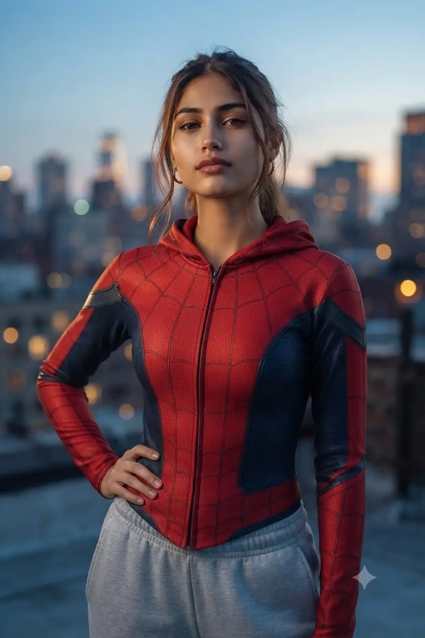 Spiderman Prompt for Women — Confident Rooftop Dusk Photo Idea
