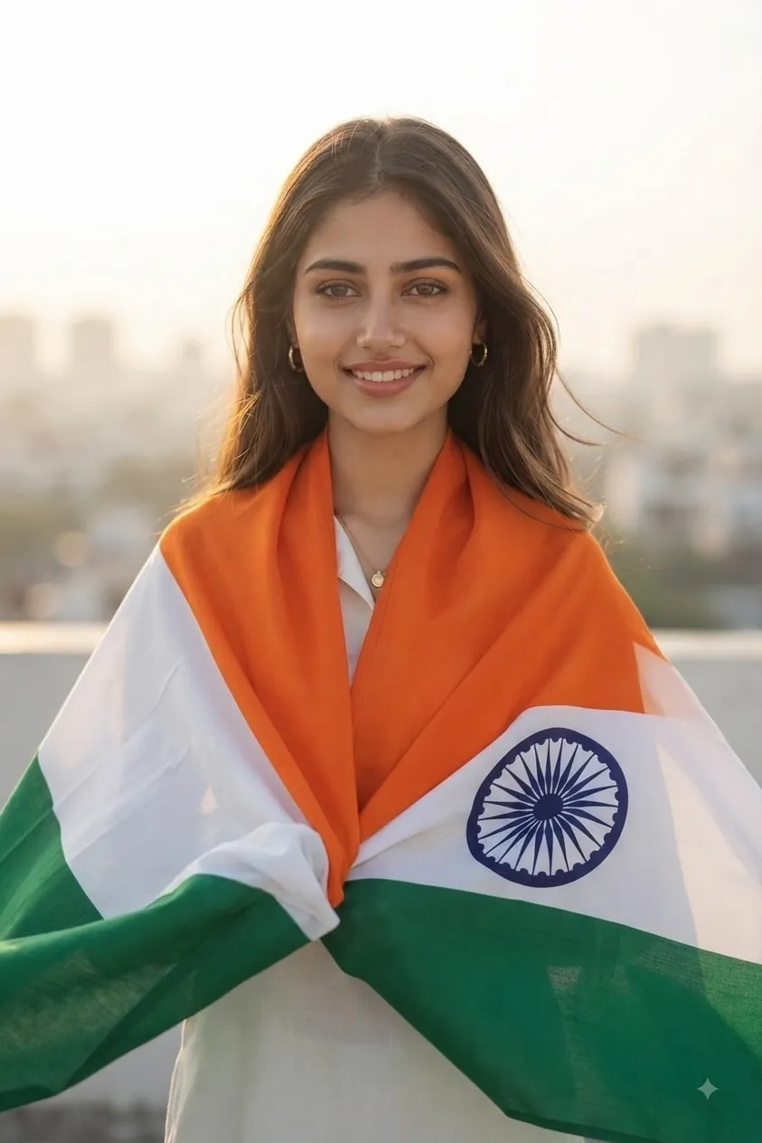 Independence Day Flag Cape Girl Sunrise Gemini ChatGPT Prompt 15 August Flag Cape Girl Sunrise – Gemini & ChatGPT Prompt