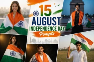 Independence day photo prompt for India — boy and girl in flag cape portraits for 15 August
