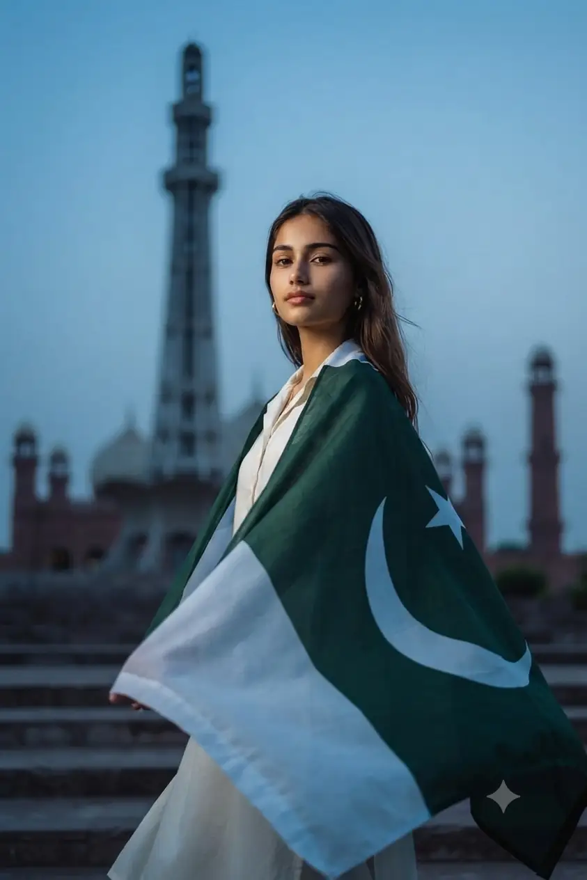 Pakistani Flag Cape at Minar-e-Pakistan (Cinematic Dusk Look)