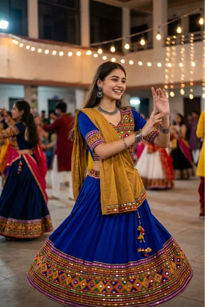 Blue Chaniya Choli Garba Dance Girl Photo Prompt