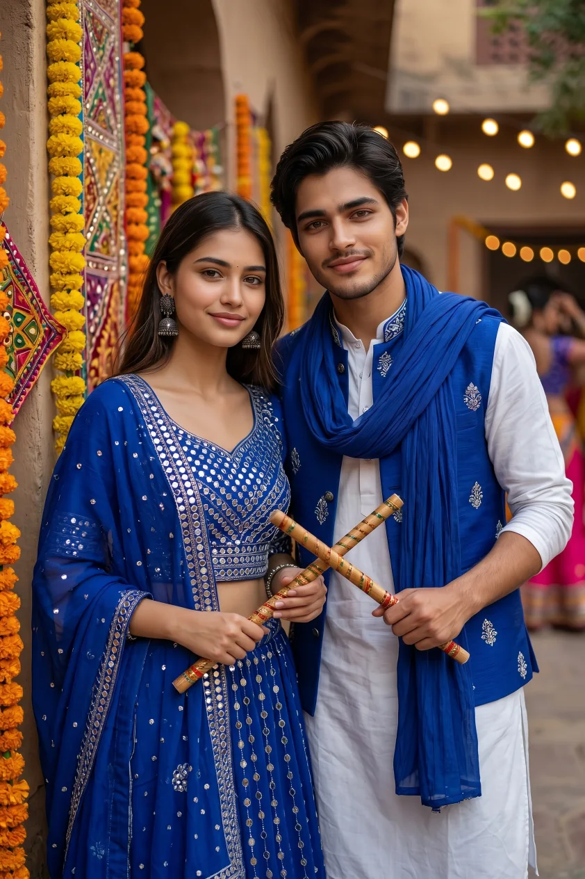 Blue Outfit Dandiya Couple Portrait Prompt