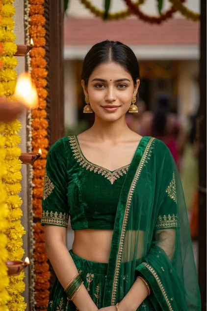 Green Velvet Navratri Girl Portrait Prompt