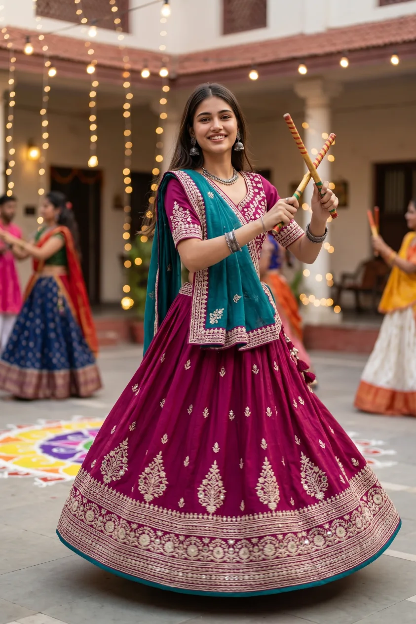 Magenta Chaniya Choli Dandiya Girl Photo Prompt