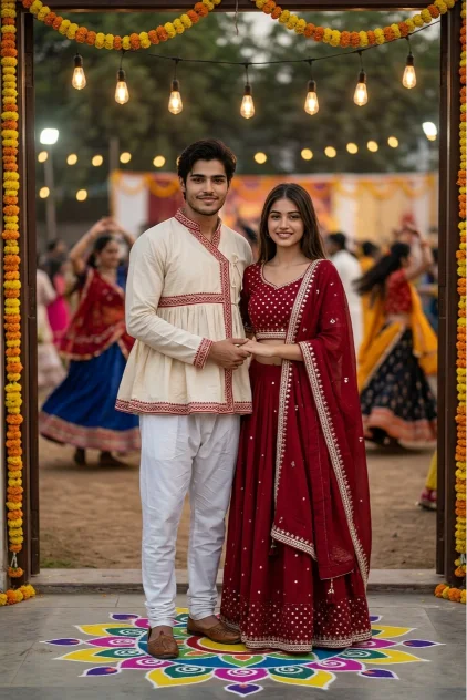 Matching Red and Cream Navratri Couple Photo Prompt