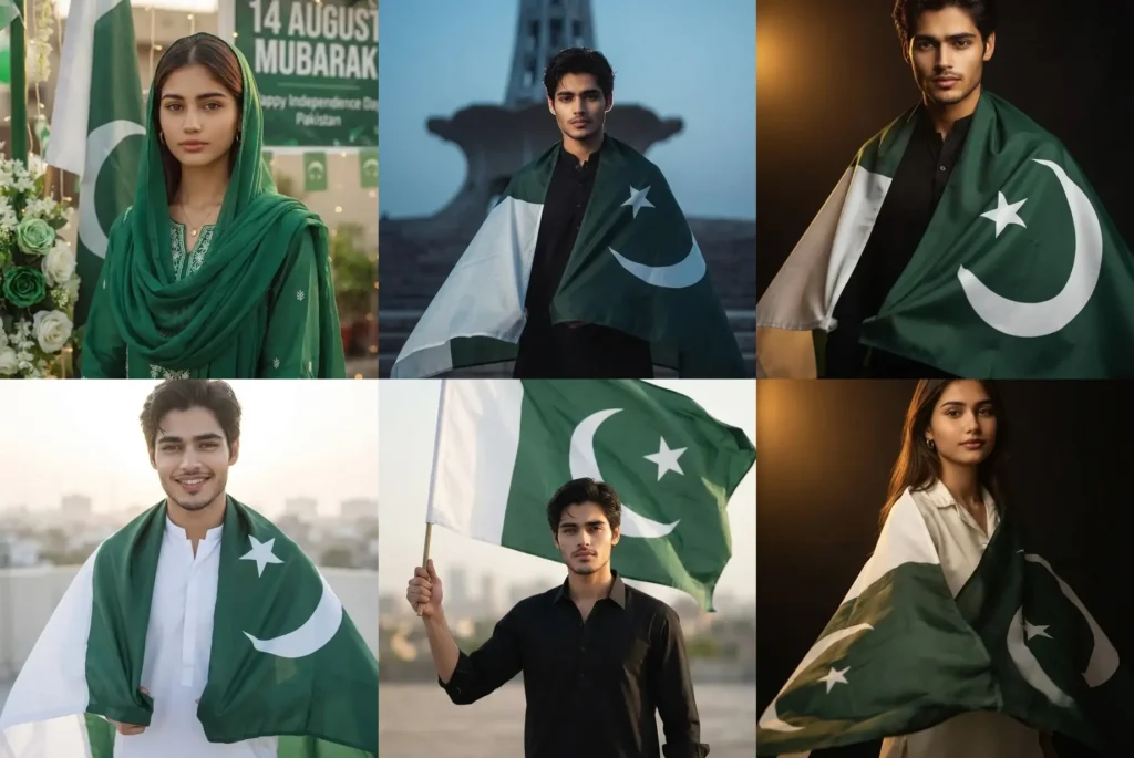 14 August Pakistan Independence Day photo prompt results: flag cape portraits at Minar-e-Pakistan, rooftop sunrise and green dupatta looks