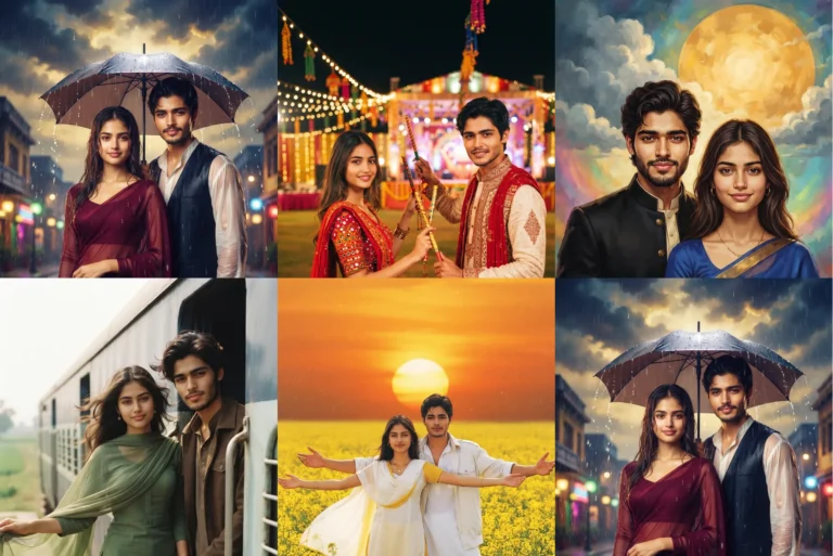 90s Bollywood couple photo poster prompt results collage: rain song, dandiya night, hand painted poster, train romance and mustard field looks made with Gemini AI prompts