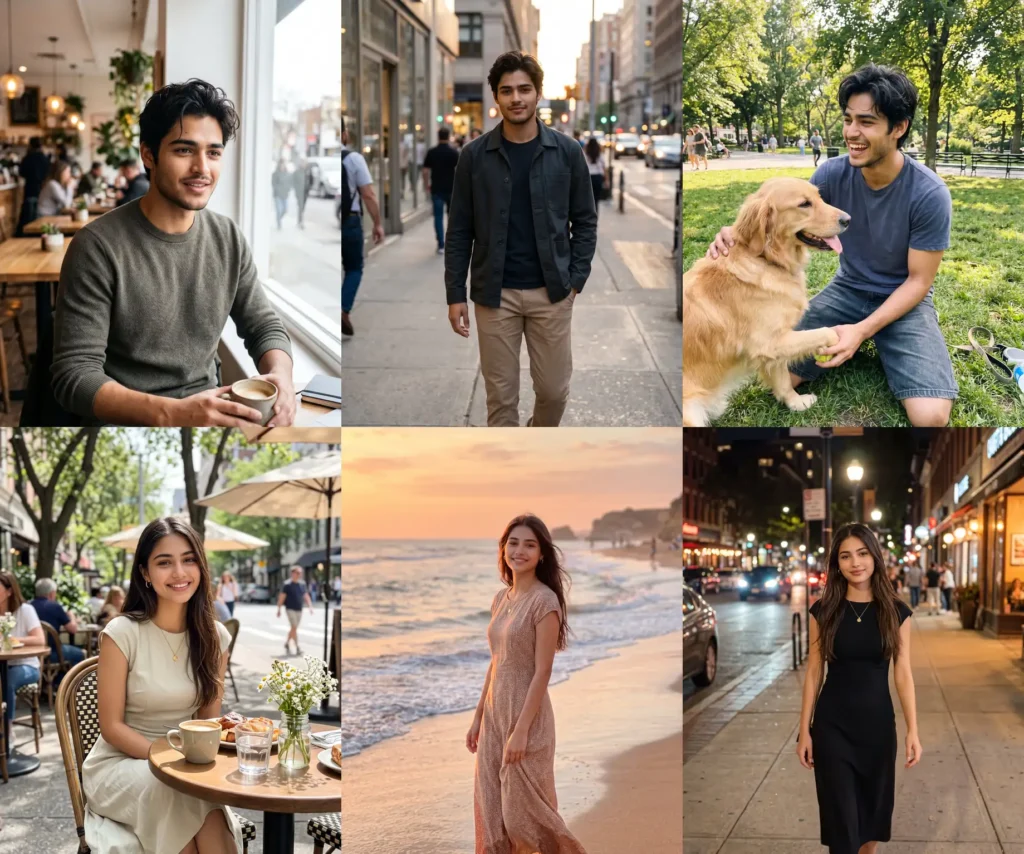 Collage of AI dating profile photo results: natural coffee shop, city walk and golden hour portraits made with Gemini prompts