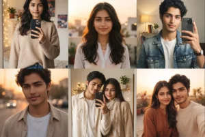 AI DP photo prompt results: mirror selfie, golden hour, café and city lights looks for girls, boys and couples