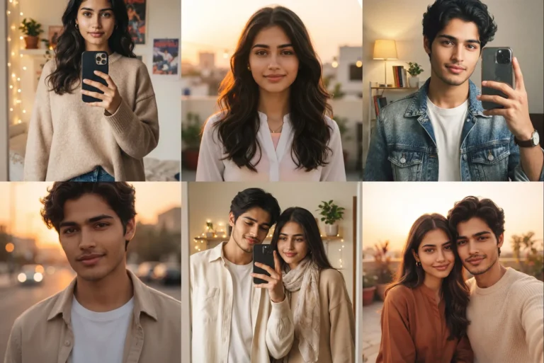 AI DP photo prompt results: mirror selfie, golden hour, café and city lights looks for girls, boys and couples