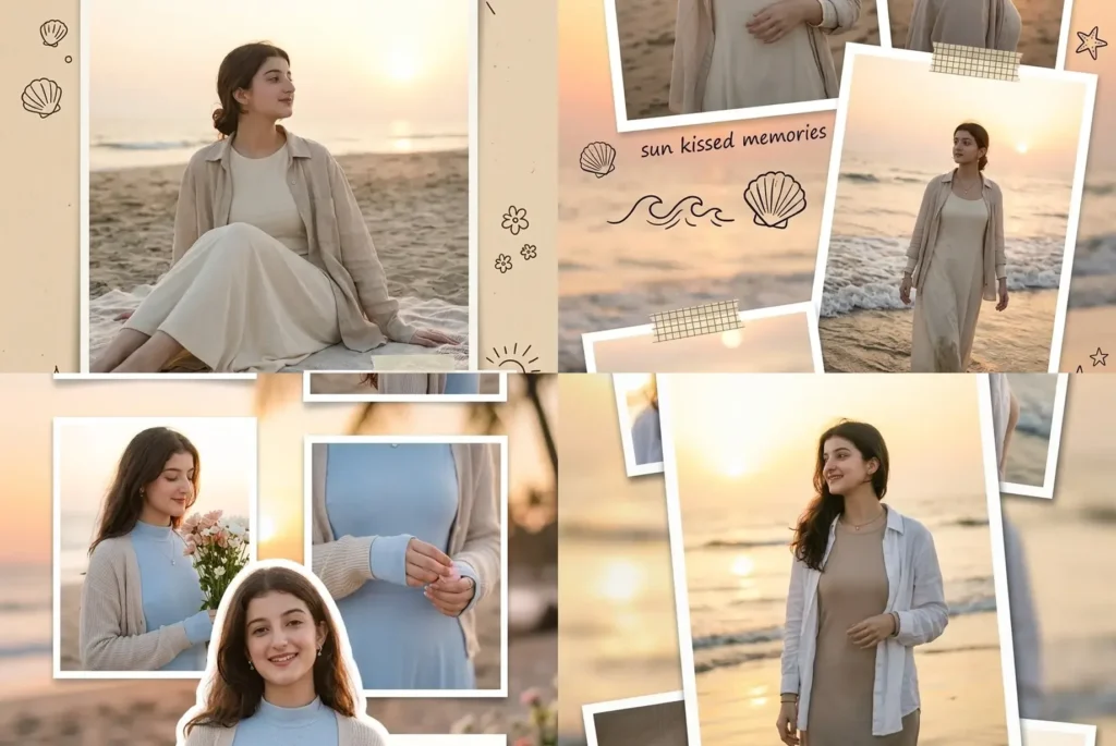 Beach collage photo prompt results for girls: beach diary page, scrapbook tape, floral sunset and photo stack layouts made with Gemini AI prompts