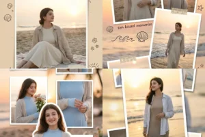 Beach collage photo prompt results for girls: beach diary page, scrapbook tape, floral sunset and photo stack layouts made with Gemini AI prompts