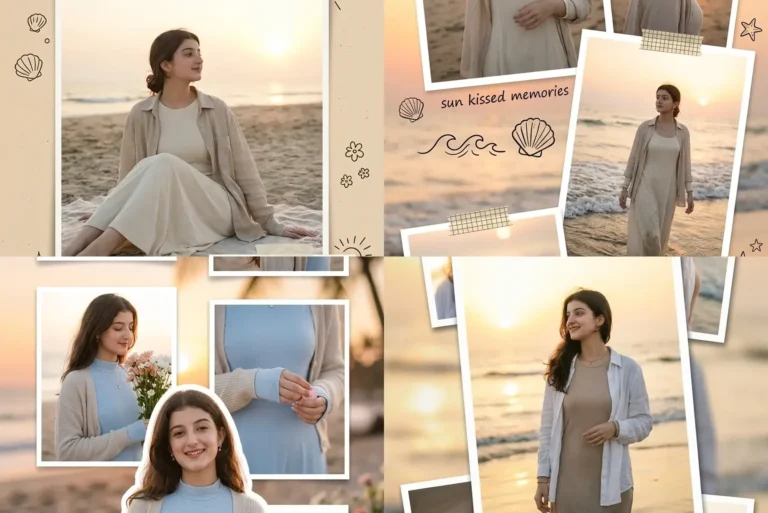 Beach collage photo prompt results for girls: beach diary page, scrapbook tape, floral sunset and photo stack layouts made with Gemini AI prompts