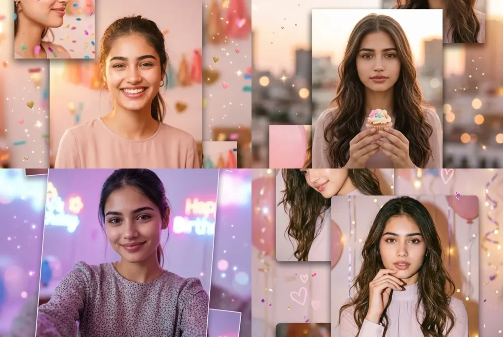 Birthday photo prompt results for girls: confetti selfie, rooftop sunset, neon night and glow collage styles made with Gemini AI prompts