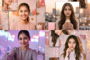 Birthday photo prompt results for girls: confetti selfie, rooftop sunset, neon night and glow collage styles made with Gemini AI prompts