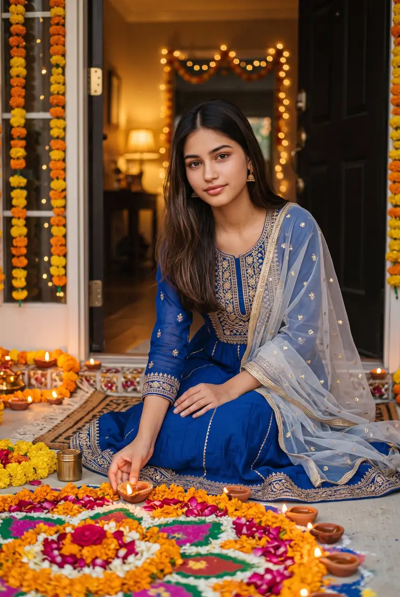 Blue Anarkali Rangoli Diwali Girl Photo Prompt