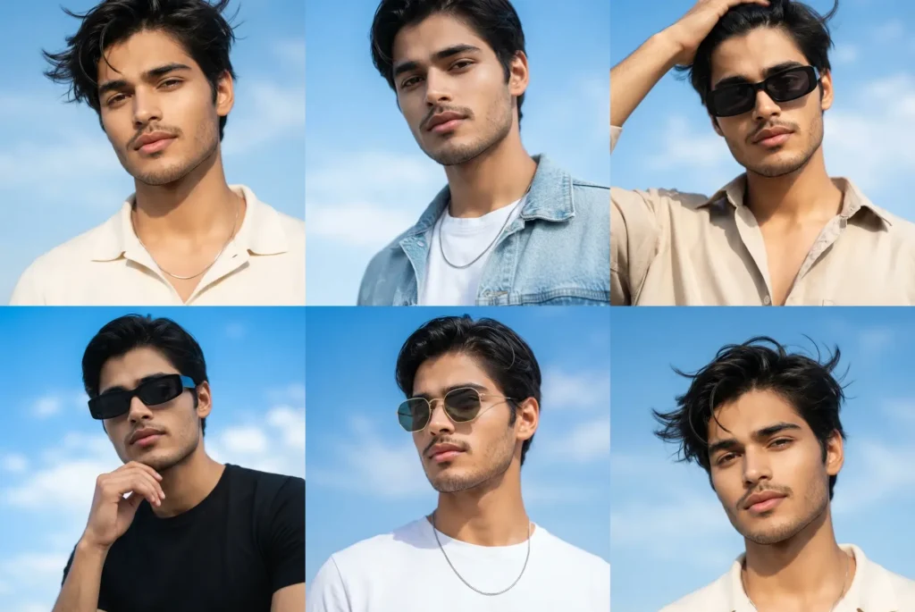 Boys blue sky photo prompt results: cream polo, denim jacket and sunglasses poses against a clear blue sky
