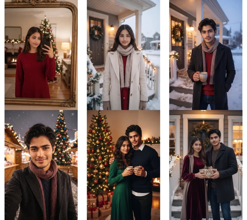 christmas photo prompt for gemini collage Christmas photo prompt results collage: mirror selfies, tree portraits, snow porch looks and front door photos made with Gemini