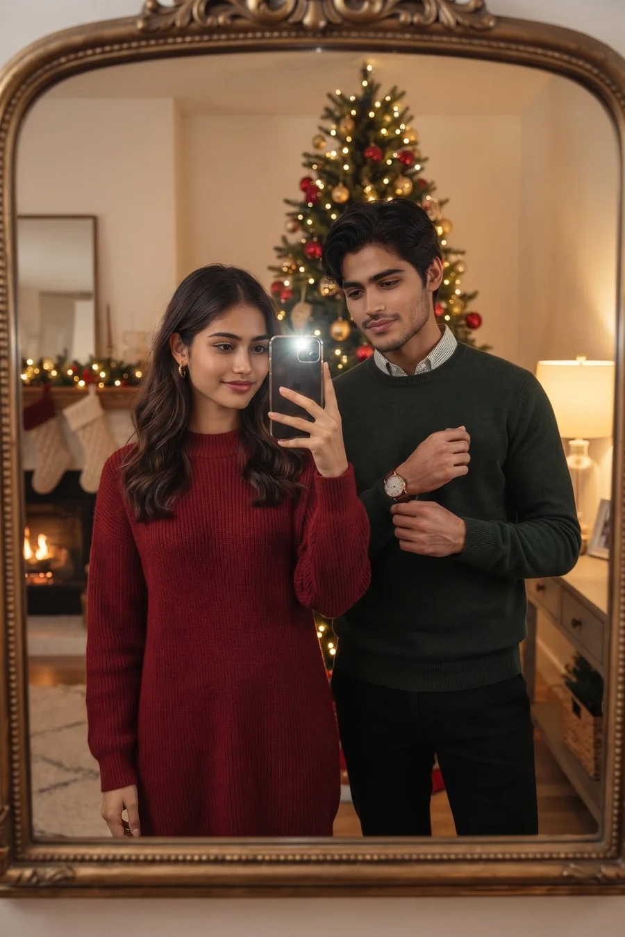 Getting Ready Together Christmas Mirror Selfie