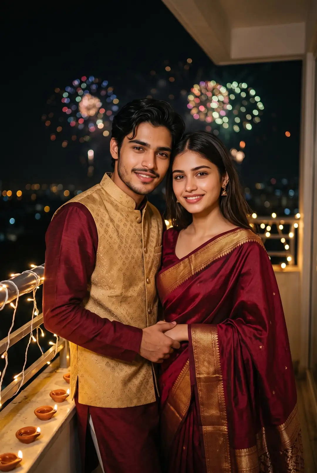 Matching Outfits Balcony Diwali Couple Photo Prompt