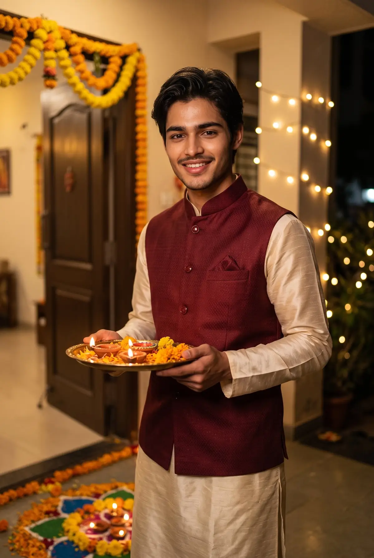 Cream Kurta Diya Thali Diwali Boy Photo Prompt