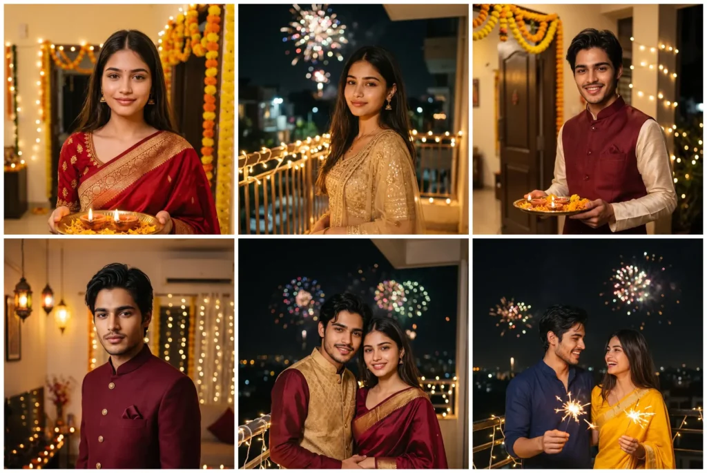 Collage of Diwali AI photo prompt results: girls in saree and lehenga, boys in kurta and sherwani, and couple Diwali portraits made with Gemini prompts